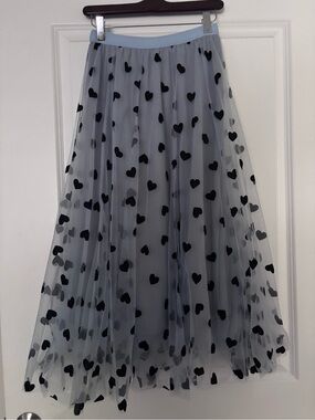 Light Blue Maxi/Midi Tulle Skirt with Black Heart Print